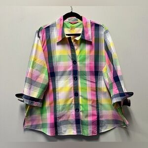 Foxcroft Pastel Plaid 3/4 Sleeves Button Down Shirt—Women 20W Plus Size
